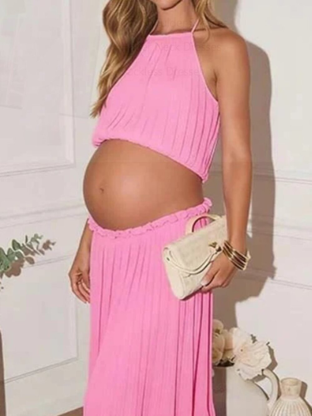 Momyknows Chic Pleated Halter Neck Backless Flowy 2-in-1 Vacation Maternity Maxi